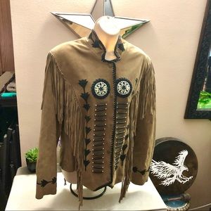 Women Beaded Fringed Tan Leather Jacket L